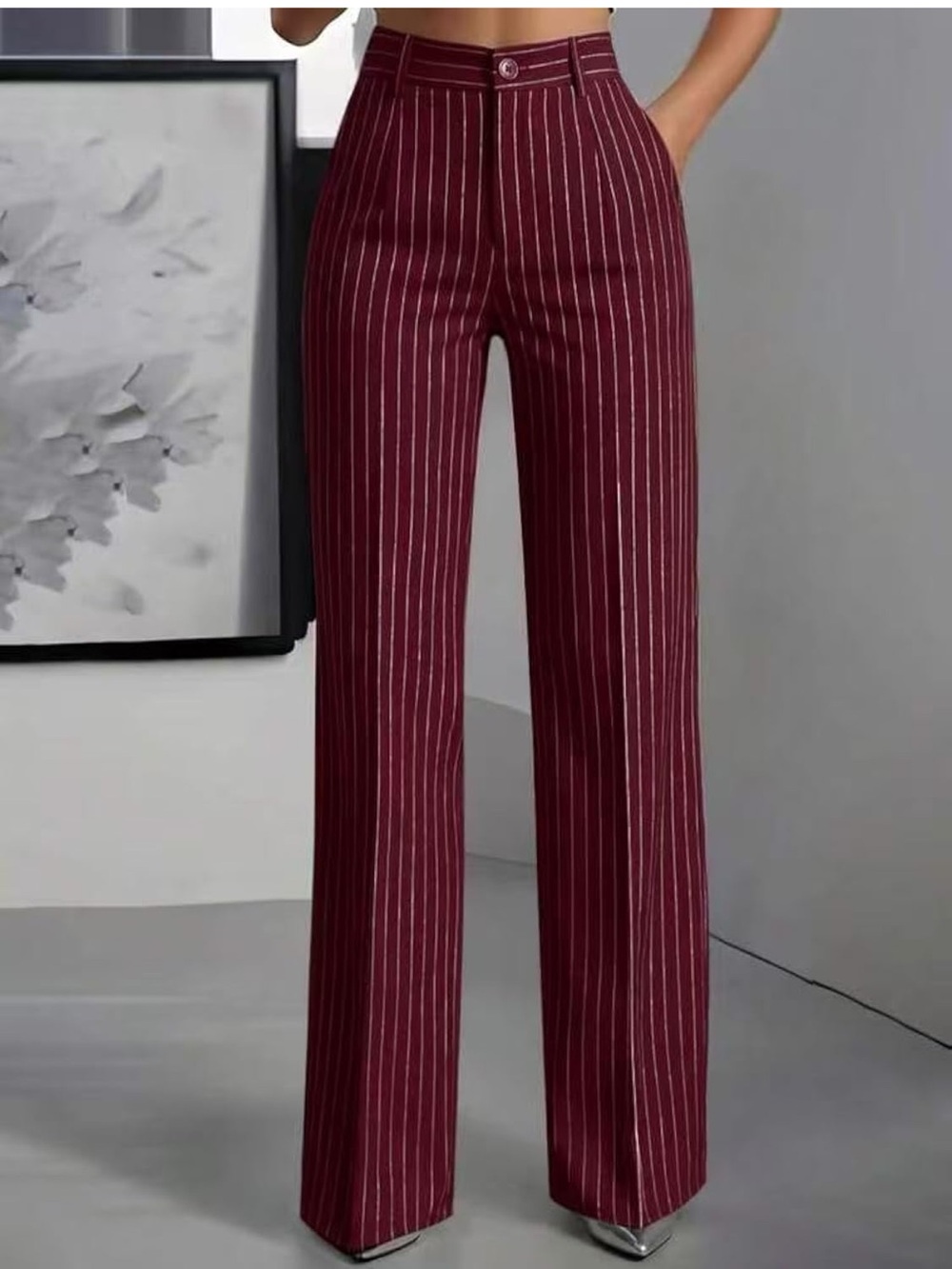 Amazon Women's Burgundy Pinstripe High-Waist Wide-Leg Trousers